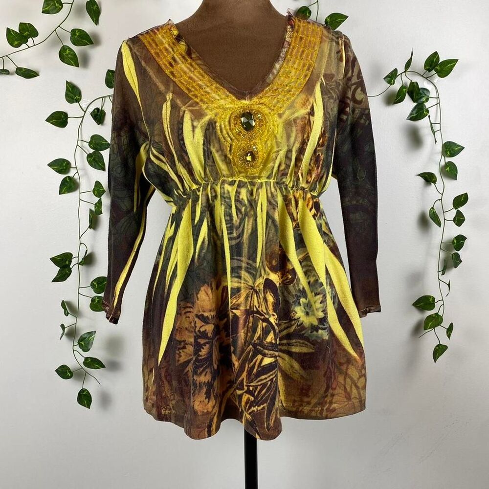 S Vintage B.L.E.U. y2k floral print v-neck fairy grunge babydoll empire beaded